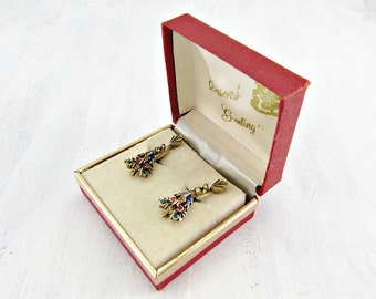 Vintage Rhinestone Christmas Tree Earrings, Gold Clip-On Dangle Earrings, 1950s Jewelry, ORIGINAL Gift BOX, Christmas Gift for Mom Grandma