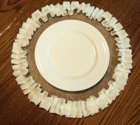 Round Burlap Placemats with Ivory Ruffles Cottage Style Place