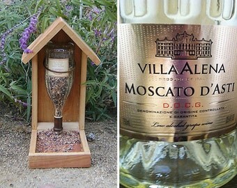 Wine Bottle BIRD FEEDER, Moscato, Recycled Wine Bottle, NEW Metallic Gold Label, Hand Made (bird seed not included)