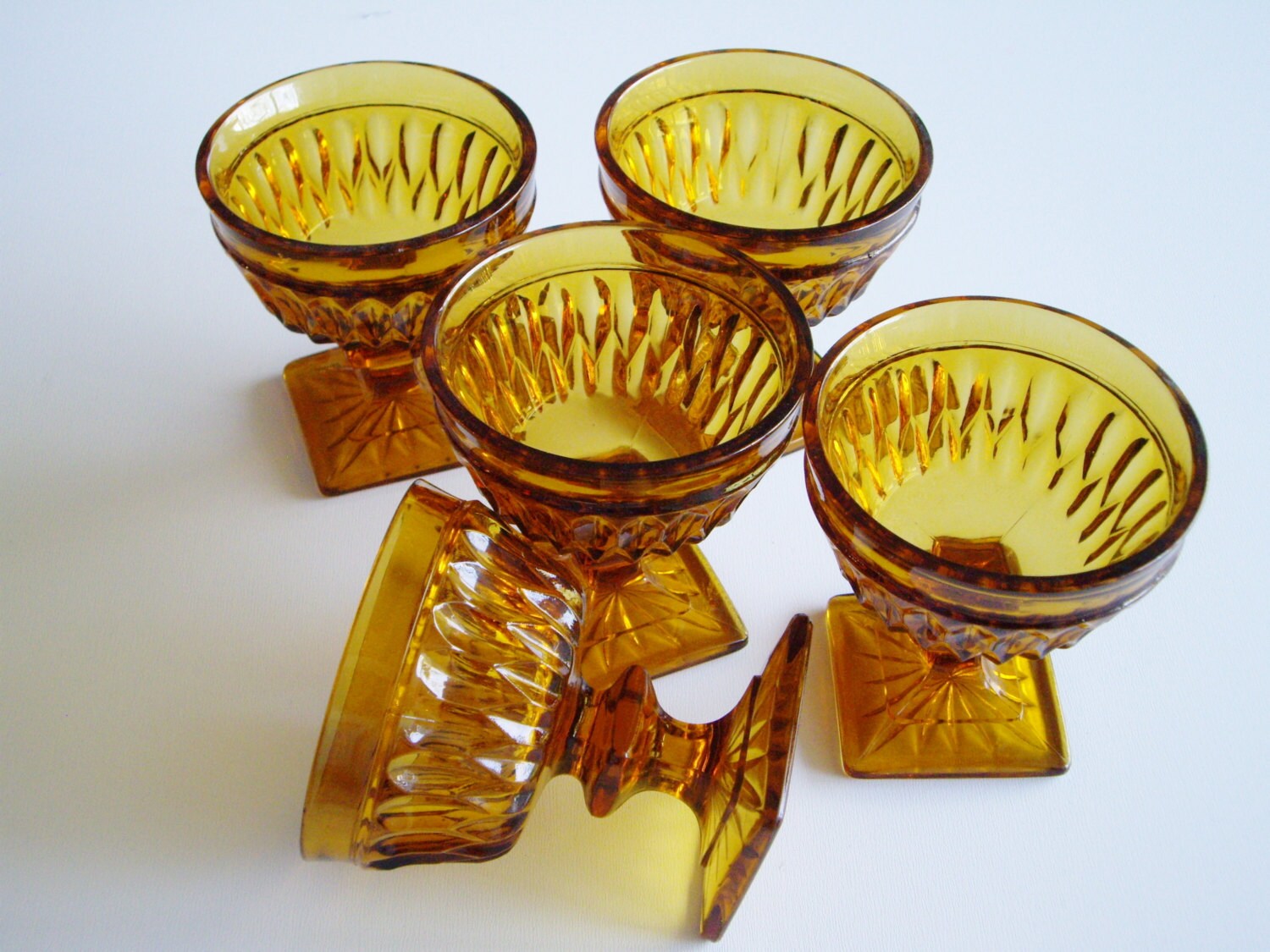 Vintage Dessert Dishes Compotes Pressed Amber Glass Diamond