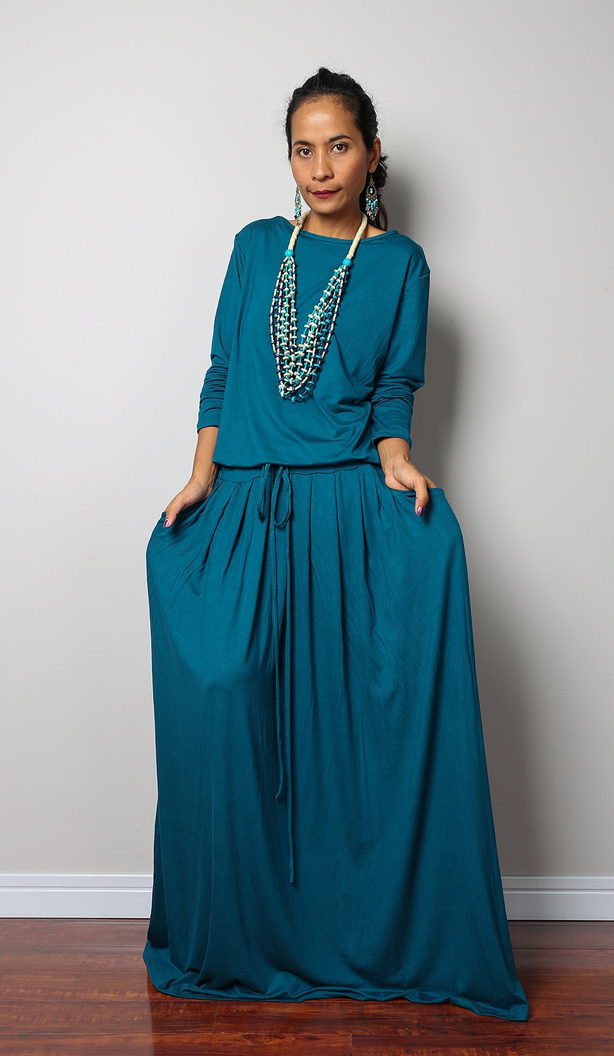 Modest Dress Long Sleeve Turquoise Maxi Dress : Modest