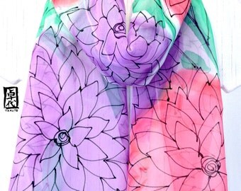 Hand Painted Silk Scarf, Pink and Purple Floral, Grape and Watermelon Sorbet, Spring Chiffon, 11x60 inches. Made to order