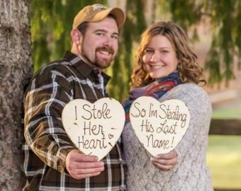 Wedding Photo Props Engagement Photo Props - SET of 2 Wood Hearts Wood Signs For Him and Her - Save the Date