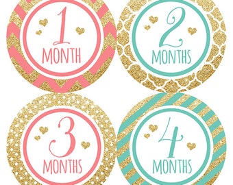 FREE GIFT, Baby Girl Month Stickers, Monthly Baby Stickers Girl, Baby Month Stickers Girl, Gold Glitter. Coral, Pink, Mint, Teal, Hearts