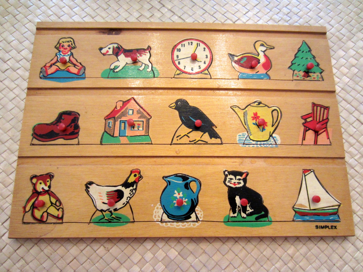 Vintage Simplex Wood Peg Puzzle With Knobs Picture Word