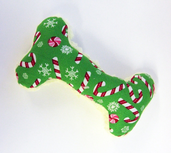 Squeaky Plush Dog Bone Toy Green Red & White Candy Canes