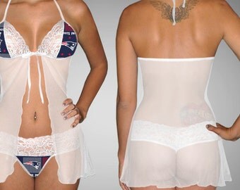 Handmade with NFL New England Patriots fabric sexy lingerie scalloped lace accent negligee teddy babydoll dress with G string set