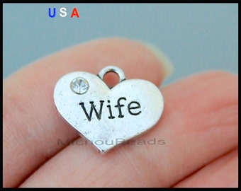 1 WIFE Heart Charm Pendant - 17mm Spouse Message Word Metal Heart w/ Rhinestone Dangle Charm - Instant Shipping - USA Wholesale Charm 6078
