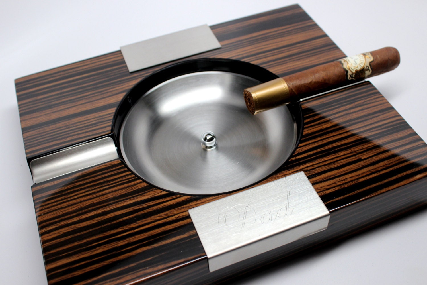 Ebony Wood Cigar Ashtray with Tiger Finish Personalized