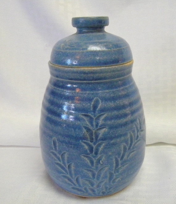 Handmade pottery jar with lid blue vintage by TreasuresFromTexas
