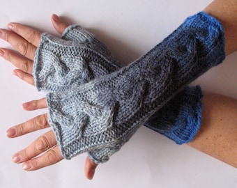 Fingerless Gloves Gray Azure Blue Arm Warmers Knit Soft