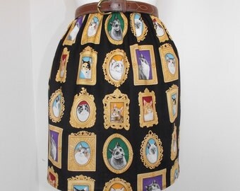 Handmade high waisted skirt made with cat kitten picture frame fabric black