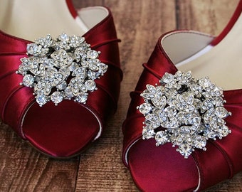 Wedding Shoes, Red Wedding Shoes, Red Kitten Heel Peeptoes, Silver Brooch Shoes, Low Heel Wedding Shoes, Custom Wedding Shoes, Red Wedding
