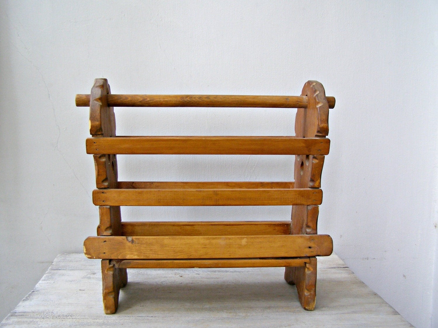 70s Magazine Rack Vintage Rustic Wooden Brown Newspaper