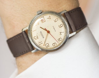 Classic men's wrist watch, silver shade Vostok watch, shockproof watch round, men watch dust protected, premium leather strap new