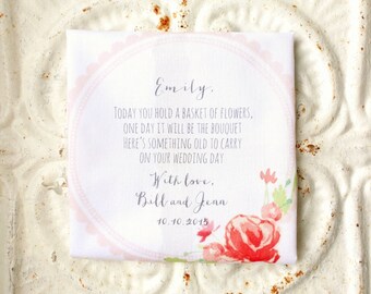 FLOWER GIRL handkerchief . gift . something old to carry printed hankie . scalloped edge cotton hanky . personalized . wedding hankerchief
