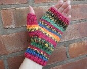 Jacquard style fingerless gloves - pink/blue/green/yellow/orange - one size knit gloves