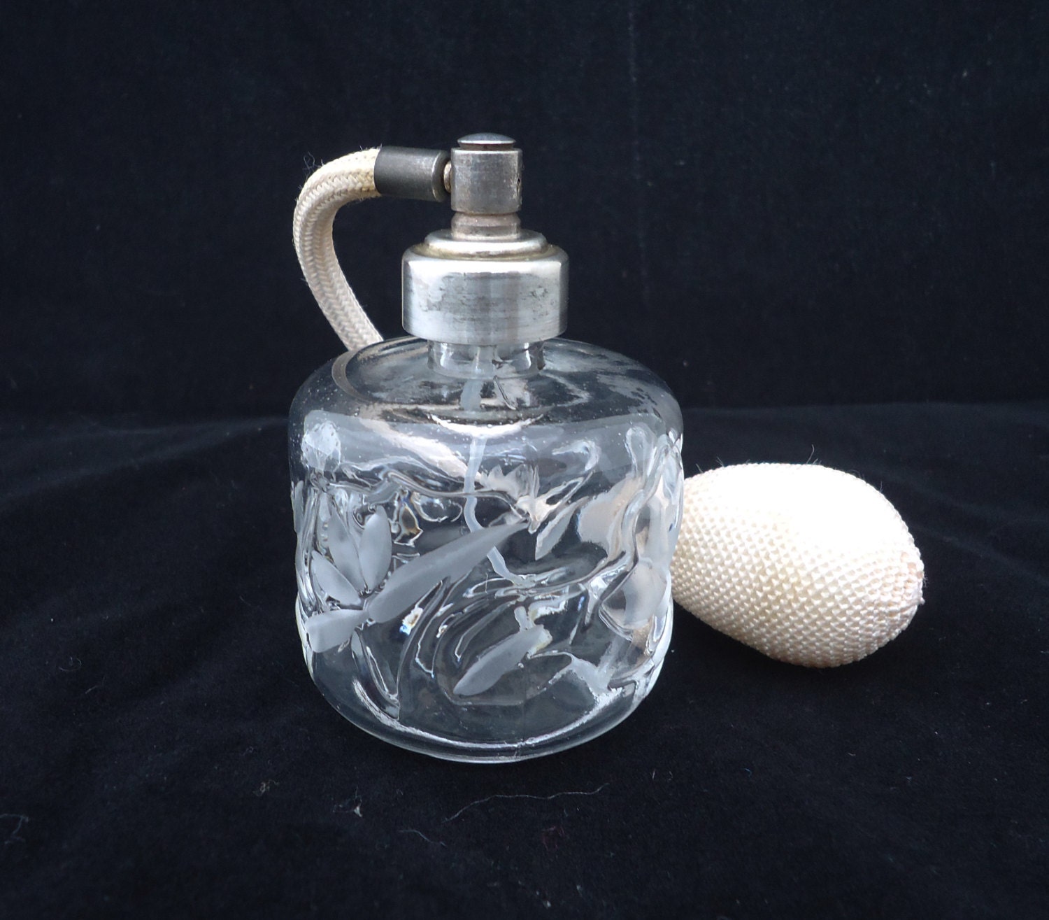 Clear Cut Glass Perfume Bottle With Atomizer Silver Plate 2457