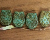 Czech Owl Bead 18mm x 15mm Turquoise Green Picasso Qty 4
