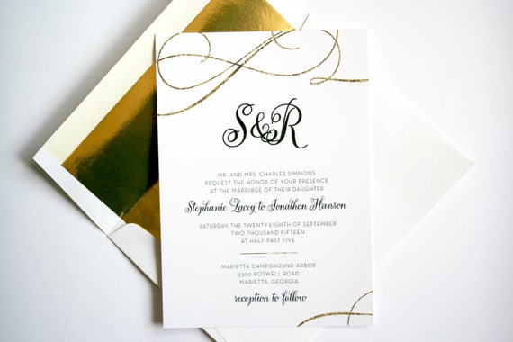 Items similar to Gold Foil Wedding Invitation Monogram Black and White ...