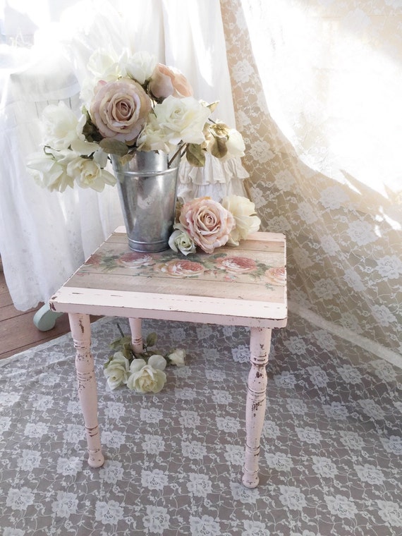 RESERVED Shabby Chic Pink Stool, Chippy distressed vintage wooden stool, Shabby French Farmhouse stool, small wooden table, pink roses, SCT