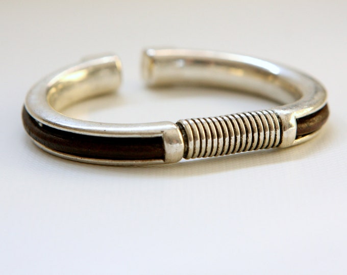women,men brown leather bracelet silver finish metal cuff
