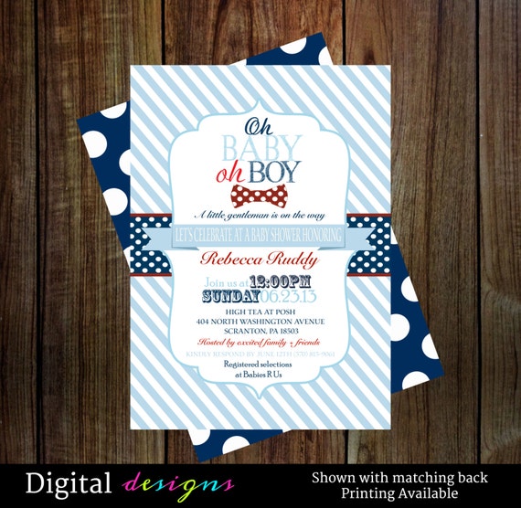 Bow tie boys baby shower invitation - navy, red, baby blue - digital, printable file 34 Il_570xn