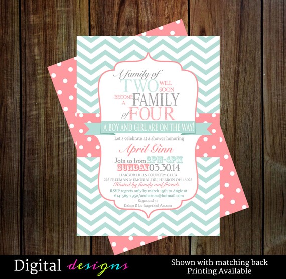 Coral and mint baby shower invitations for twins chevron stripe printable, digital file NO.37 Il_570xn