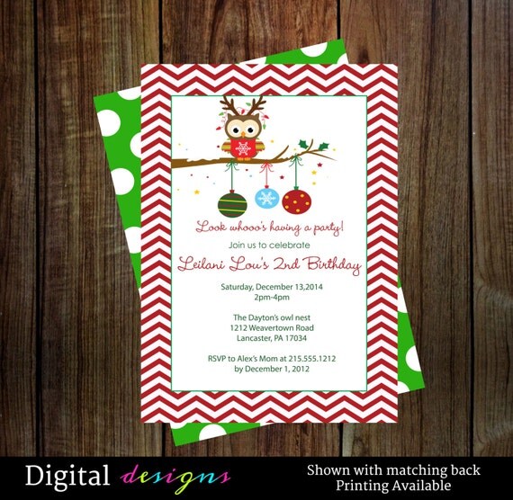 Christmas party invitations with woodland owl red and green - holiday birthday party - digital file, printable (1111) Il_570xn