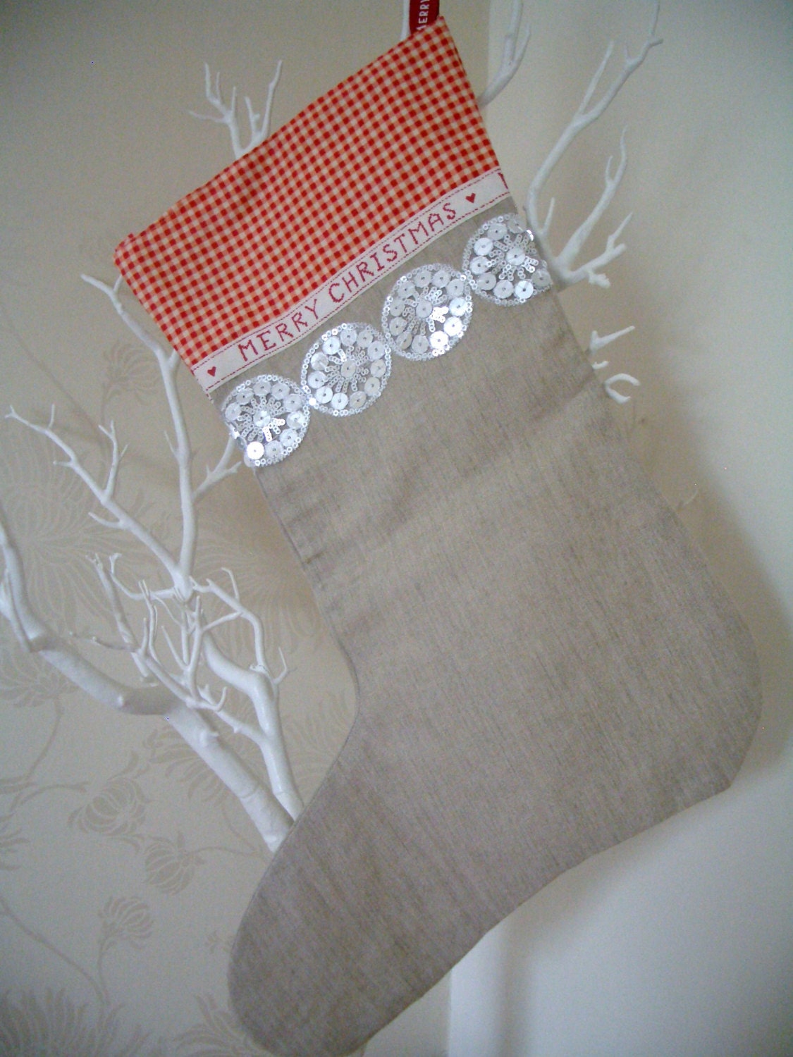 Christmas Festive Stocking - Traditional Linen vintage look stocking for festive home decoration.