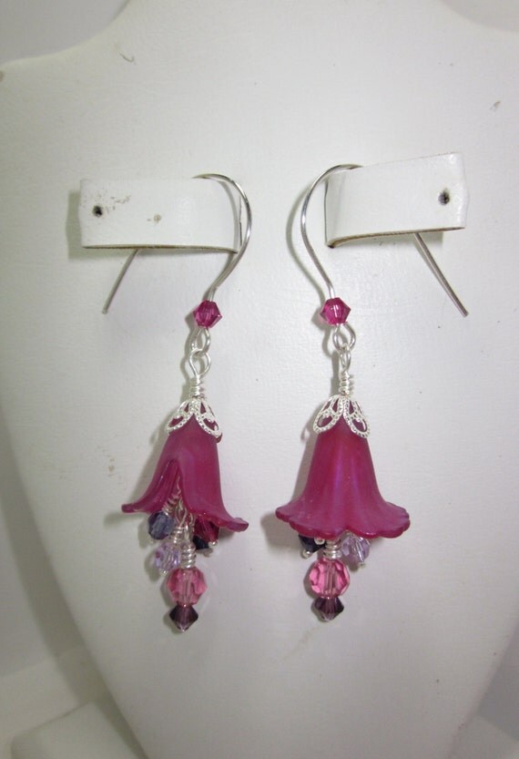Fuchsias. Flower Earrings. Swarovski Crystals Tanzanite, Fuchsia