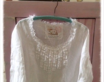 Pure Linen Tunic Top Shirt Shabby Chic White Womens Large Upcycled ...