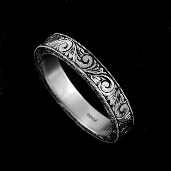 Hand Engraved Eternity Wedding Ring Black Antique Look Art