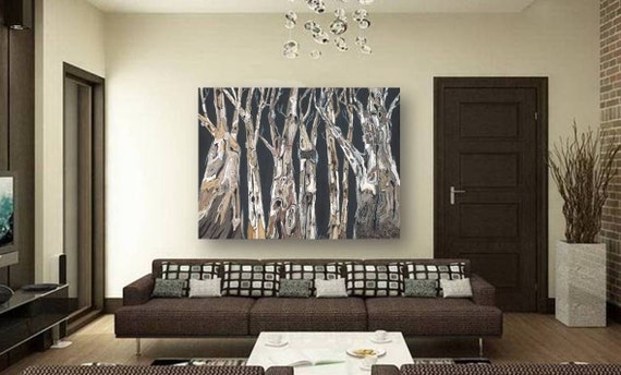 VERY LARGE wall art Oversized Extra large Canvas print tree trunk painting gray black white ...