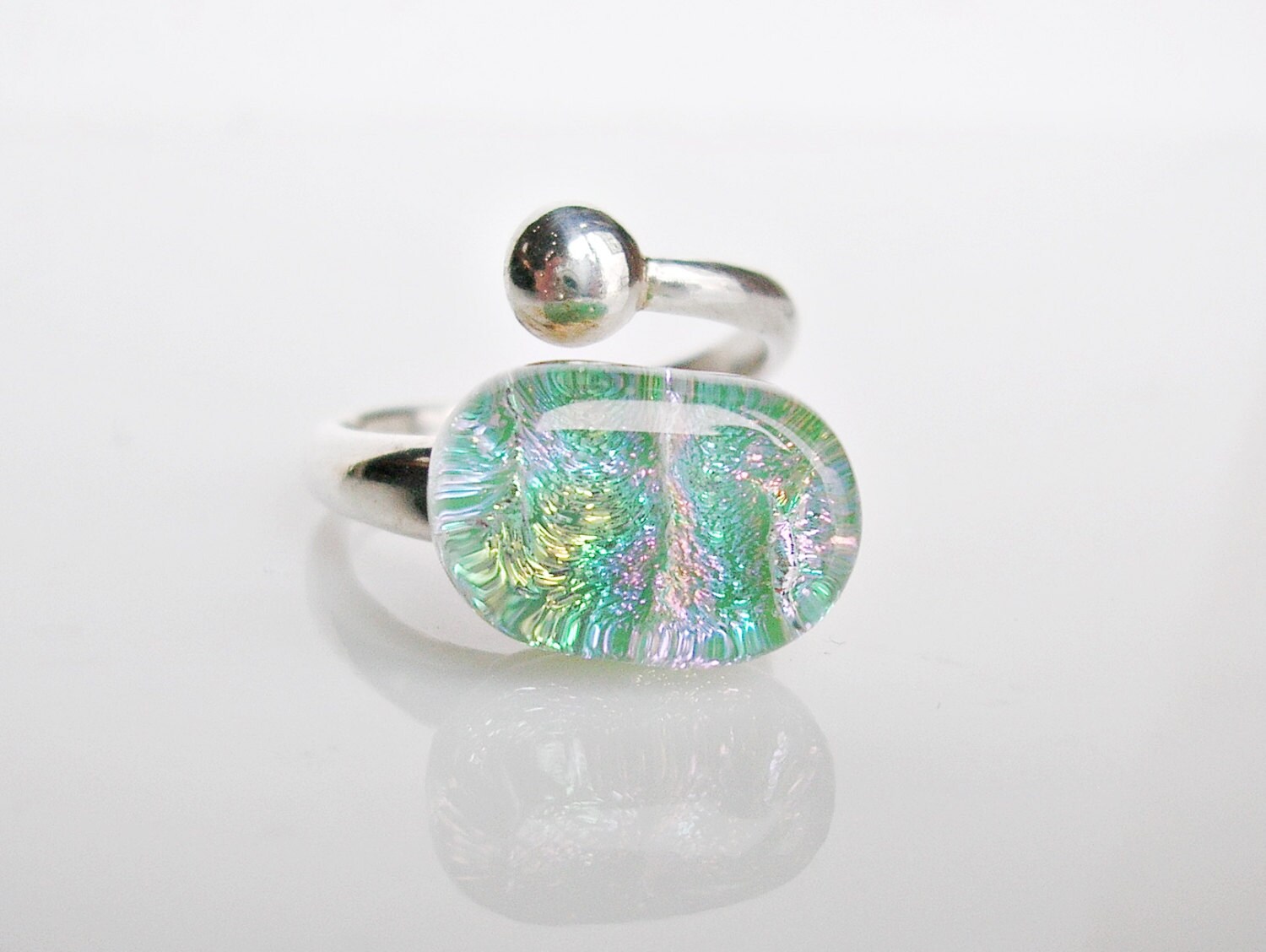 Mint Green Fused Glass Ring Sterling Silver Adjustable Ring