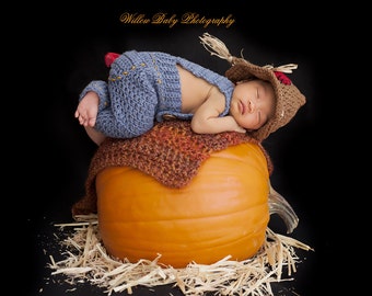 Crochet Scarecrow hat/fall hat and overalls - Newborn Size Only - Costume/Photo Prop