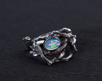 White Opal Silver Twig Ring