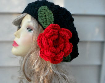 Slouchy Crochet Hat Large Hat with Flower Womens Crochet Slouch Beanie Winter Beanie Hat Summer Hat Women Hair Accessories Unique Hats