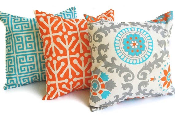 Throw pillow covers set of three Orange Natural Aqua Gray