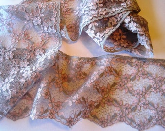 Wide Floral Lace Trim, Grey / Rose, 4 1/2" inch wide, 1 Yard, For Home Decor, Apparel, Accessories, Victorian & Romantic Crafts