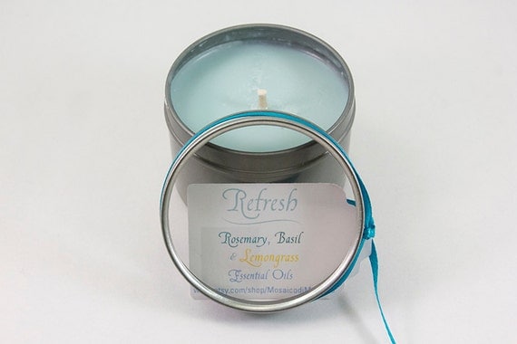 Rosemary, Basil and Lemongrass Essential Oil Infused Soy Candle; 4oz Tin with Clear Lid (REFRESH)