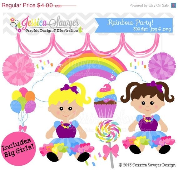 50% OFF- INSTANT DOWNLOAD, rainbow party clipart, candy clip art, for personal use, commercial use, invitations, annoucements, digital scrap Il_570xn