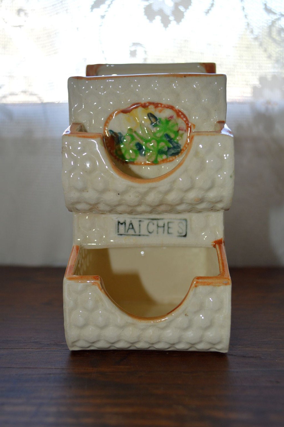 Vintage ceramic match safe holder with flowers made in Japan