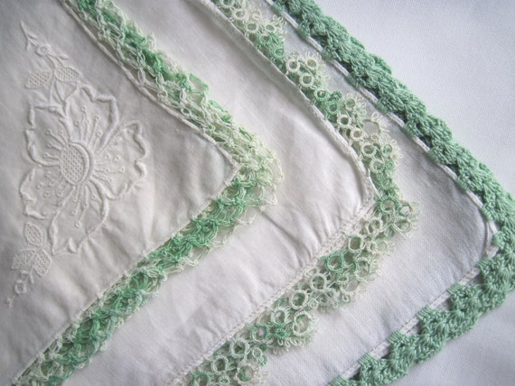 Set of 3 Vintage Handkerchiefs with Green Crocheted Edges, c. 1930s, St. Patrick's Day Accessories, Shabby Chic Decor, Easter & Spring Decor