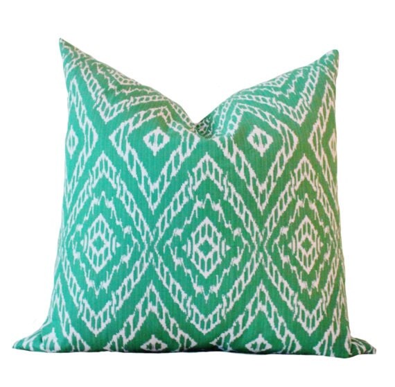 Items similar to Emerald Green Pillow Green Ivory Ikat Pillow Cover