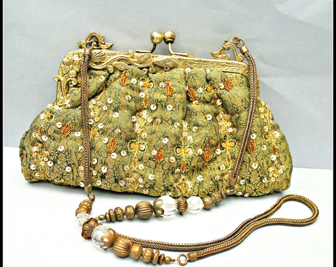 Olive Green Viscose India Beaded Brass Clutch purse Bag with mirror