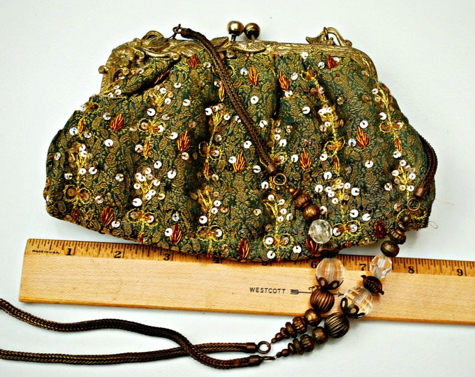 Olive Green Viscose India Beaded Brass Clutch purse Bag with mirror