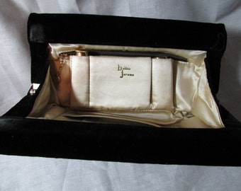 CLUTCH Evening bag vintage 1950's BOBBIE JEROME hinged Black Velvet Perfume Bottle Lipstick Holder Mirror D5