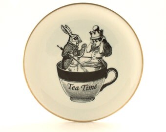 Recycled Alice in Wonderland March Hare Vintage Porcelain Plate Home Decor Lewis Carroll Sugar-White Romantic