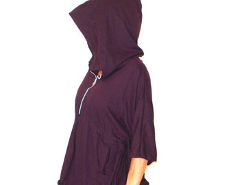 CLEARANCE SALE Zip Front Caplet Style Jacket Poncho with Hood in Burgundy